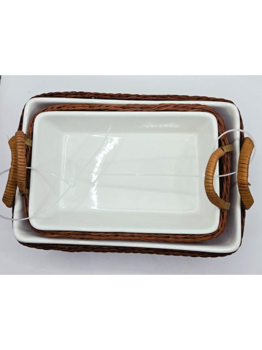 Temp-Tations Ceramic Serving Dishes Wicker Baskets Set Of 2 Rustic Brown White - Picture 2 of 14